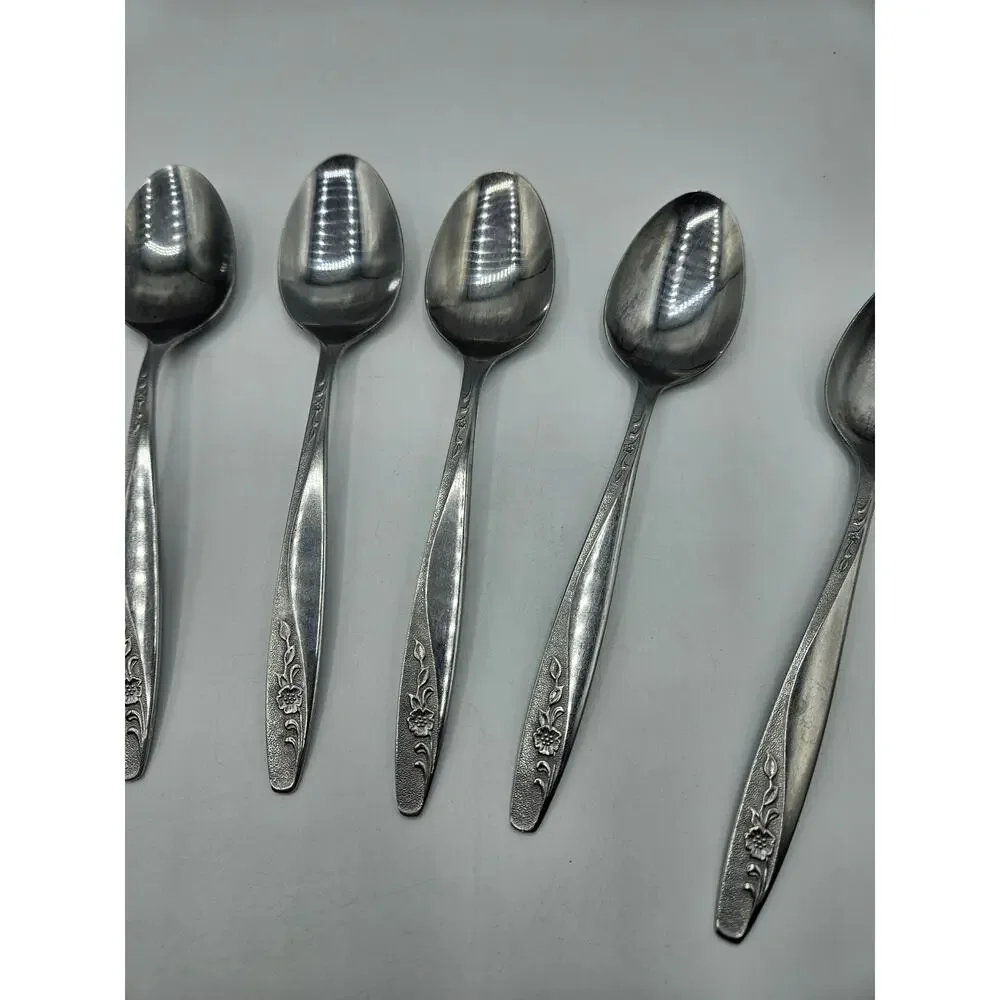 Vintage‎ International Stainless Tablespoons Set 7 Korea Floral Pattern MCM